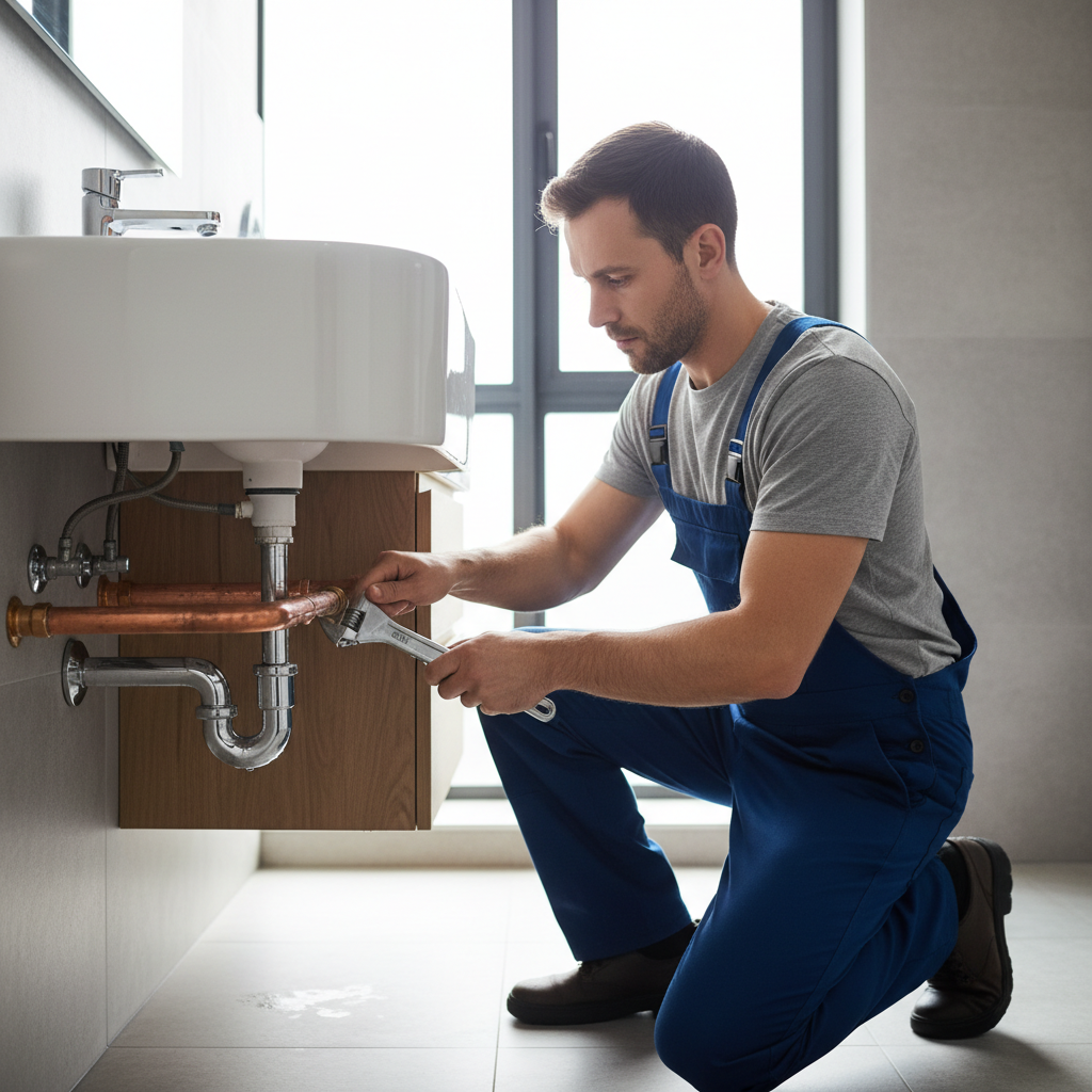 Een professionele loodgieter repareert een koperen waterleiding onder een moderne wastafel in Den Bosch.