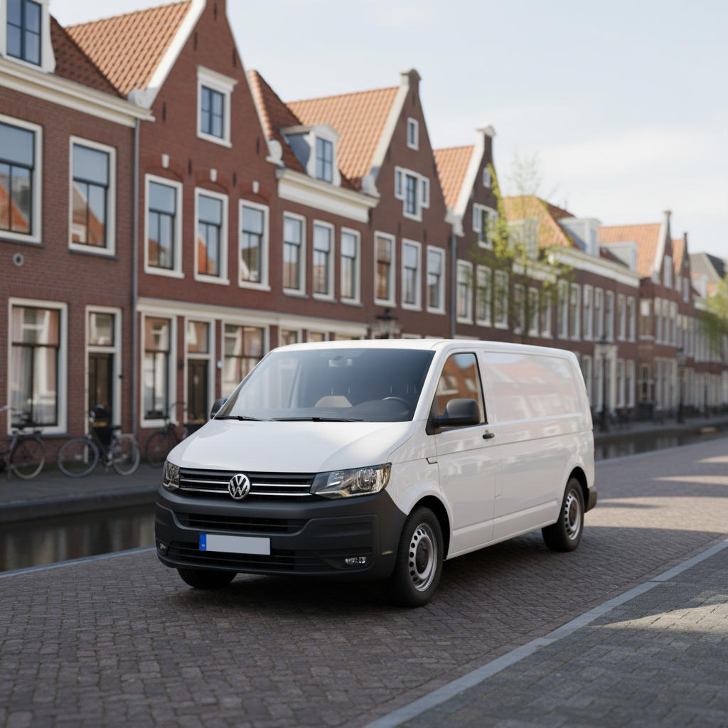 Een bestelbus van een loodgietersbedrijf geparkeerd in een karakteristieke straat in Den Bosch.