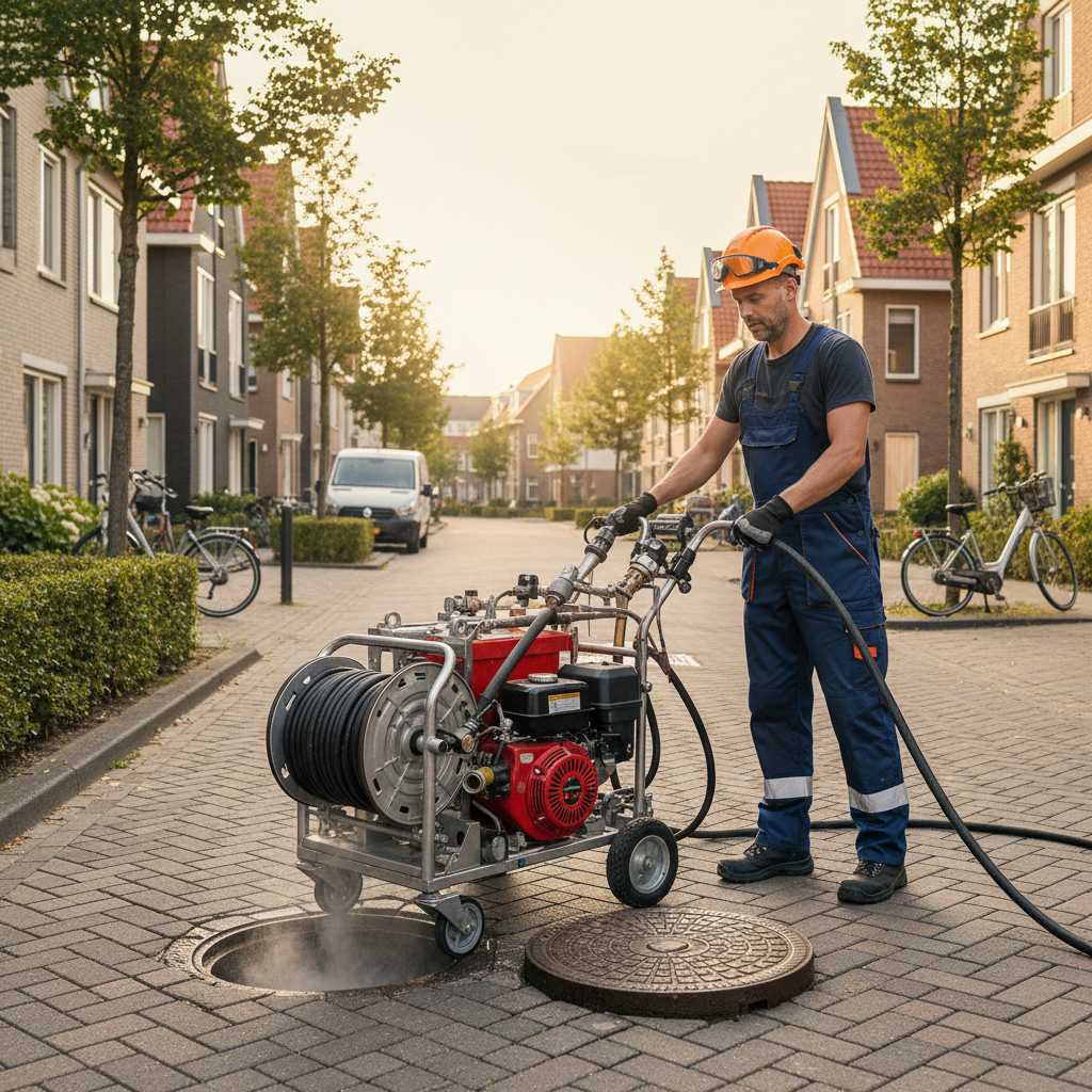 Professionele rioolreiniger aan het werk in Den Bosch met hogedrukapparatuur
