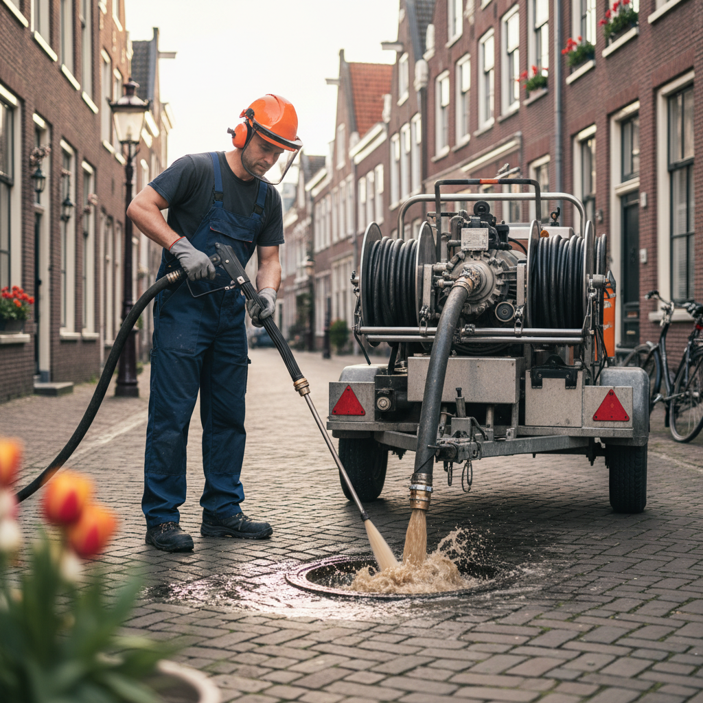 Professionele rioolontstopper aan het werk in Den Bosch met hoge druk apparatuur